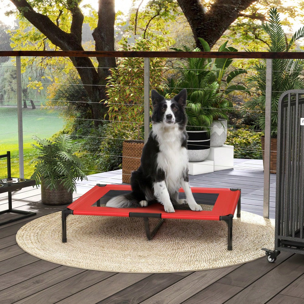PawHut Erhöhtes Hundebett Haustierbett 92x76x18cm Outdoor Hundeliege atmungsaktiv für große Hunde Camping Oxford Rot