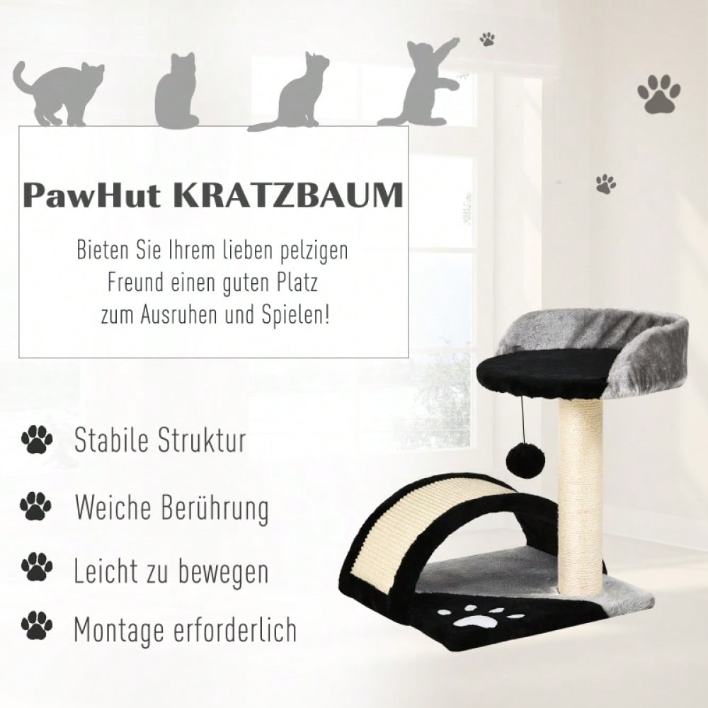 PawHut Kratzbaum für Katzen, Katzenturm mit 2 Spielbällen, Kratzbrett und Sisalstämmen, Kletterbaum für kleine bis mittelgroße Katzen, Katzenmöbel für die Wohnung, 46 cm Höhe, Schwarz