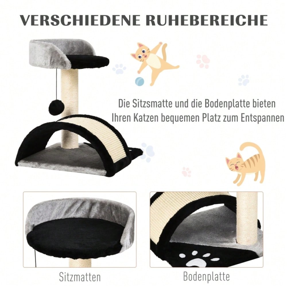 PawHut Kratzbaum für Katzen, Katzenturm mit 2 Spielbällen, Kratzbrett und Sisalstämmen, Kletterbaum für kleine bis mittelgroße Katzen, Katzenmöbel für die Wohnung, 46 cm Höhe, Schwarz