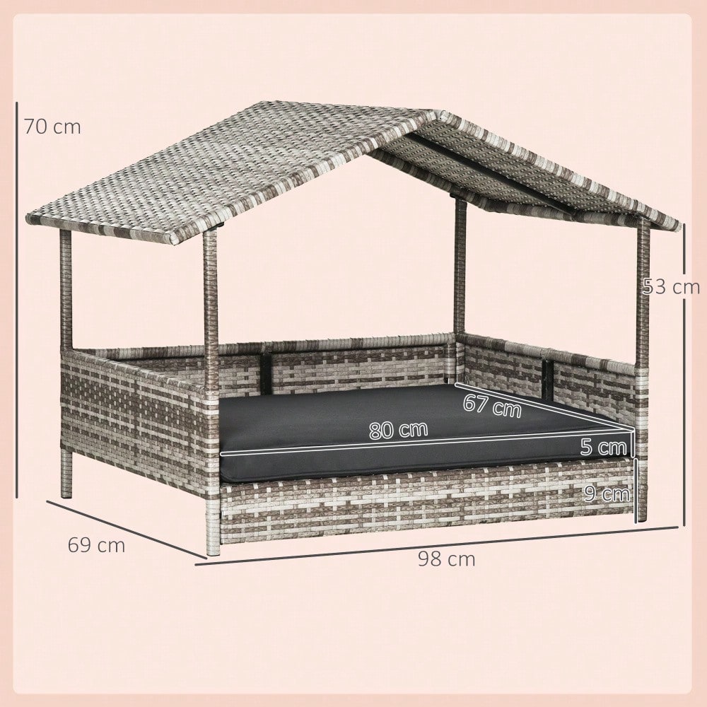 PawHut Hundehaus aus Rattan mit Kissen, Wetterfeste Outdoor Hundehütte mit Stahlrahmen, Kunststoff-Dach und Belüftung, Hundebett für kleine Hunde bis 10 kg, 69x98x70 cm, Grau