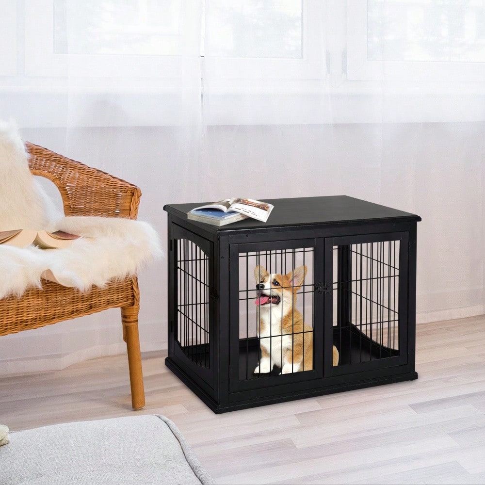 PawHut 2-in-1 Hundehaus mit Tischplatte, Höhe: 81 cm, Kleintierheim aus MDF & Metall für Innen, Tierkäfig mit Flachdach als side table, Für kleine Hunde & Kleintiere, Schwarz