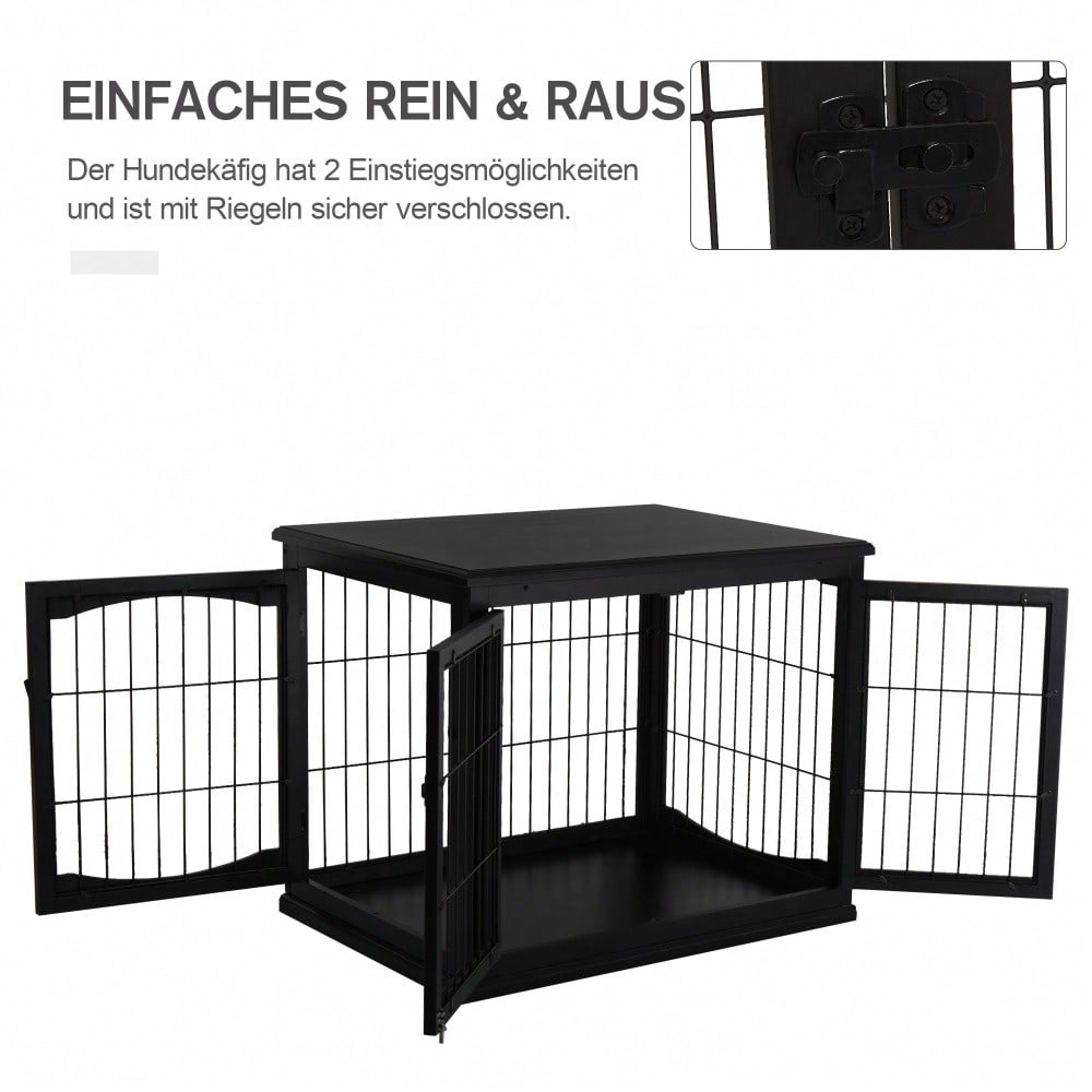 PawHut 2-in-1 Hundehaus mit Tischplatte, Höhe: 81 cm, Kleintierheim aus MDF & Metall für Innen, Tierkäfig mit Flachdach als side table, Für kleine Hunde & Kleintiere, Schwarz