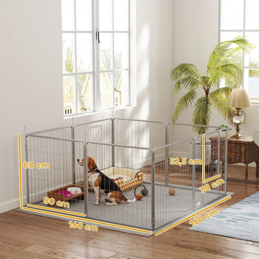 PawHut Welpenauslauf 80 cm hoch, 8-tlg Freilaufgehege mit Tür, Gitterkäfig für kleine Hunde bis 25 kg, Kaninchen & Meerschweinchen, Metallgitter mit Verstrebungen, silber