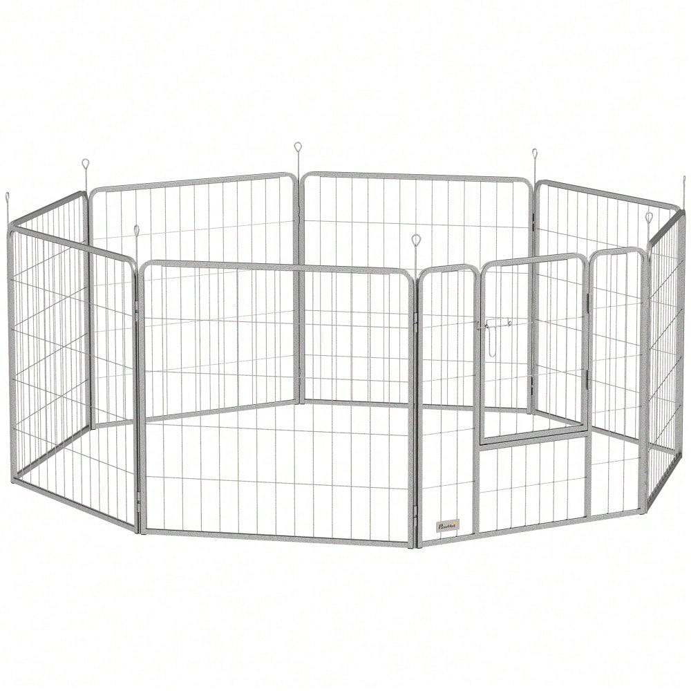 PawHut Welpenauslauf 80 cm hoch, 8-tlg Freilaufgehege mit Tür, Gitterkäfig für kleine Hunde bis 25 kg, Kaninchen & Meerschweinchen, Metallgitter mit Verstrebungen, silber
