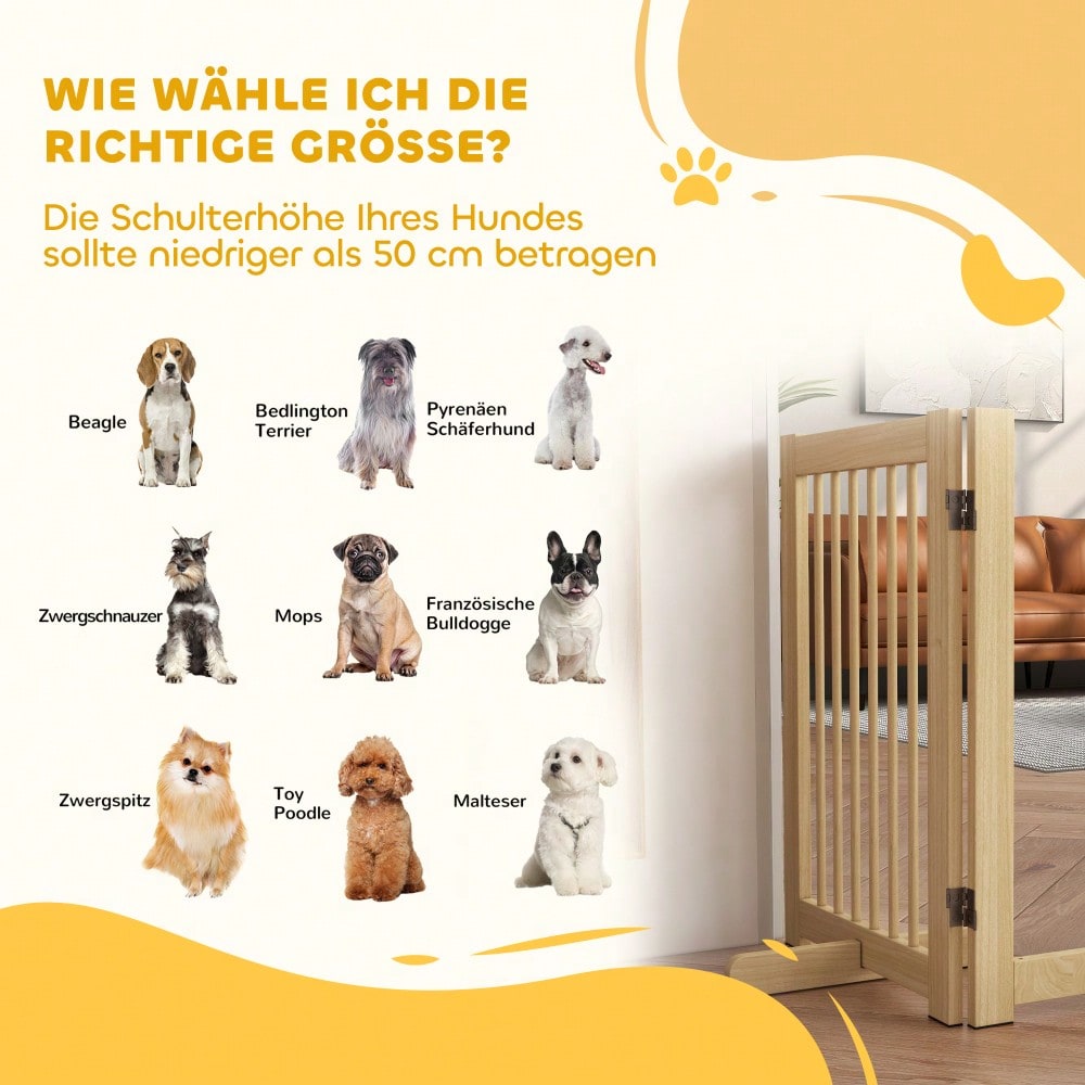 PawHut Absperrgitter aus Holz, 4-teilig mit Tür, 204 x 75 cm, freistehendes Hundetor für Flur, Küche & Treppe, faltbar mit 2 Stützfüßen, für Hunde & Kleintiere, Natur