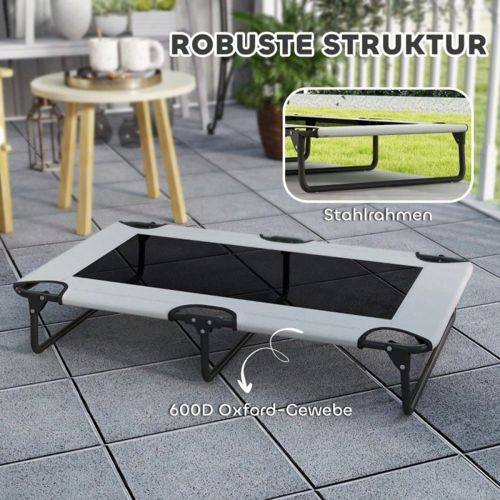 PawHut Erhöhtes Hundebett für große Hunde, Tragbares Hundebett mit atmungsaktivem Mesh-Netz, Belüftetes Liegefläche, Für Innen & Außen, 90x60x25 cm, Hellgrau
