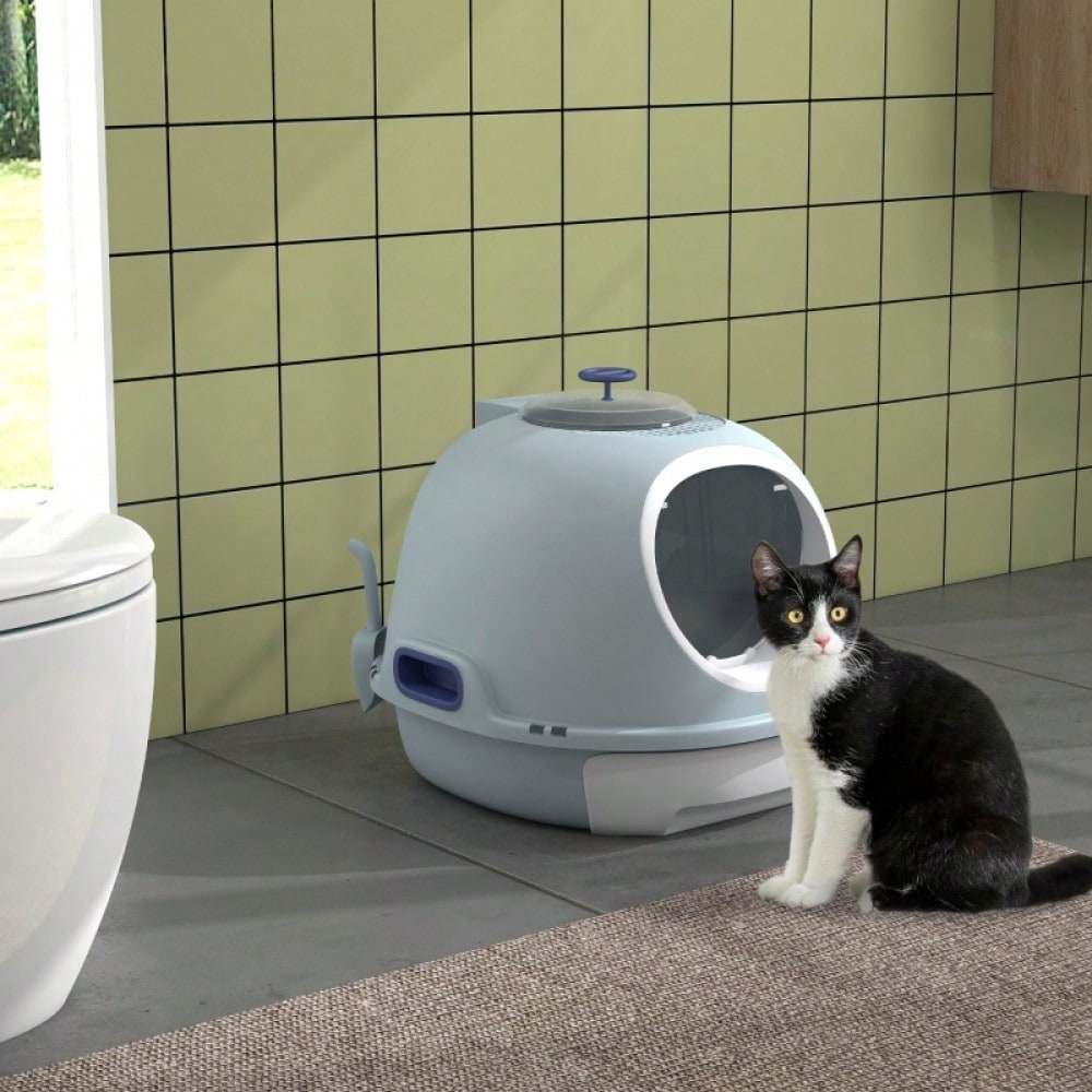 PawHut Katzentoilette mit Dach & Fenster, Hochwand Katzenklo mit Bodenschale und Schaufel, Geruchsarm & leicht zu reinigen, Für innen, Aus PP+ABS, 44 cm hoch, See-Blau