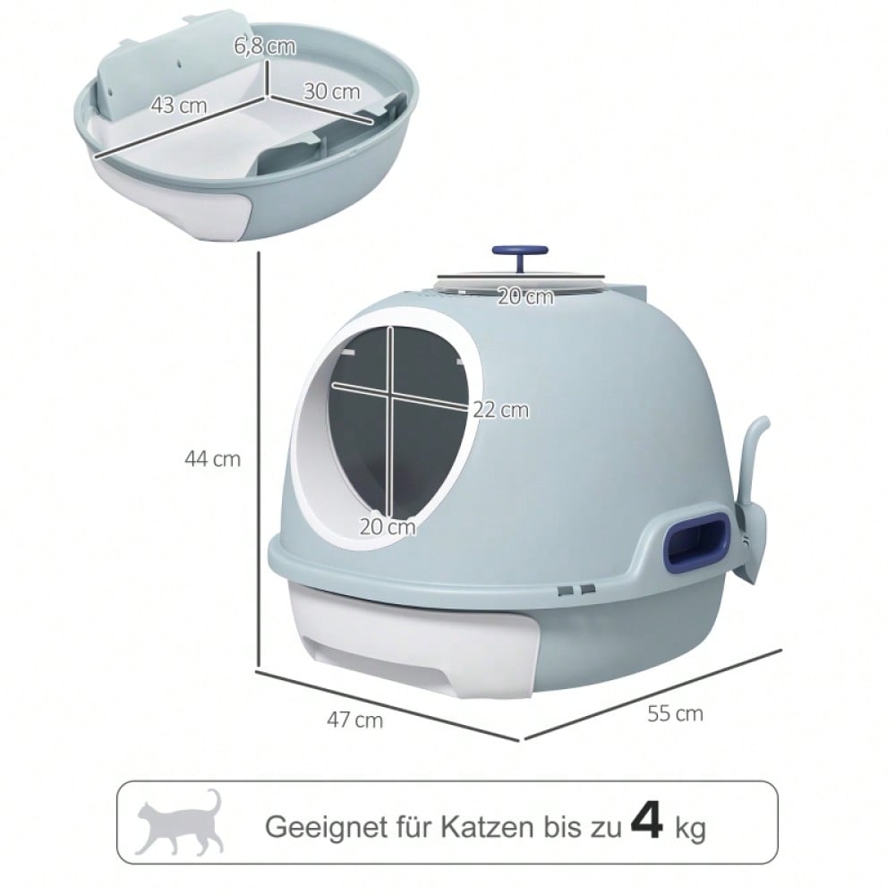 PawHut Katzentoilette mit Dach & Fenster, Hochwand Katzenklo mit Bodenschale und Schaufel, Geruchsarm & leicht zu reinigen, Für innen, Aus PP+ABS, 44 cm hoch, See-Blau