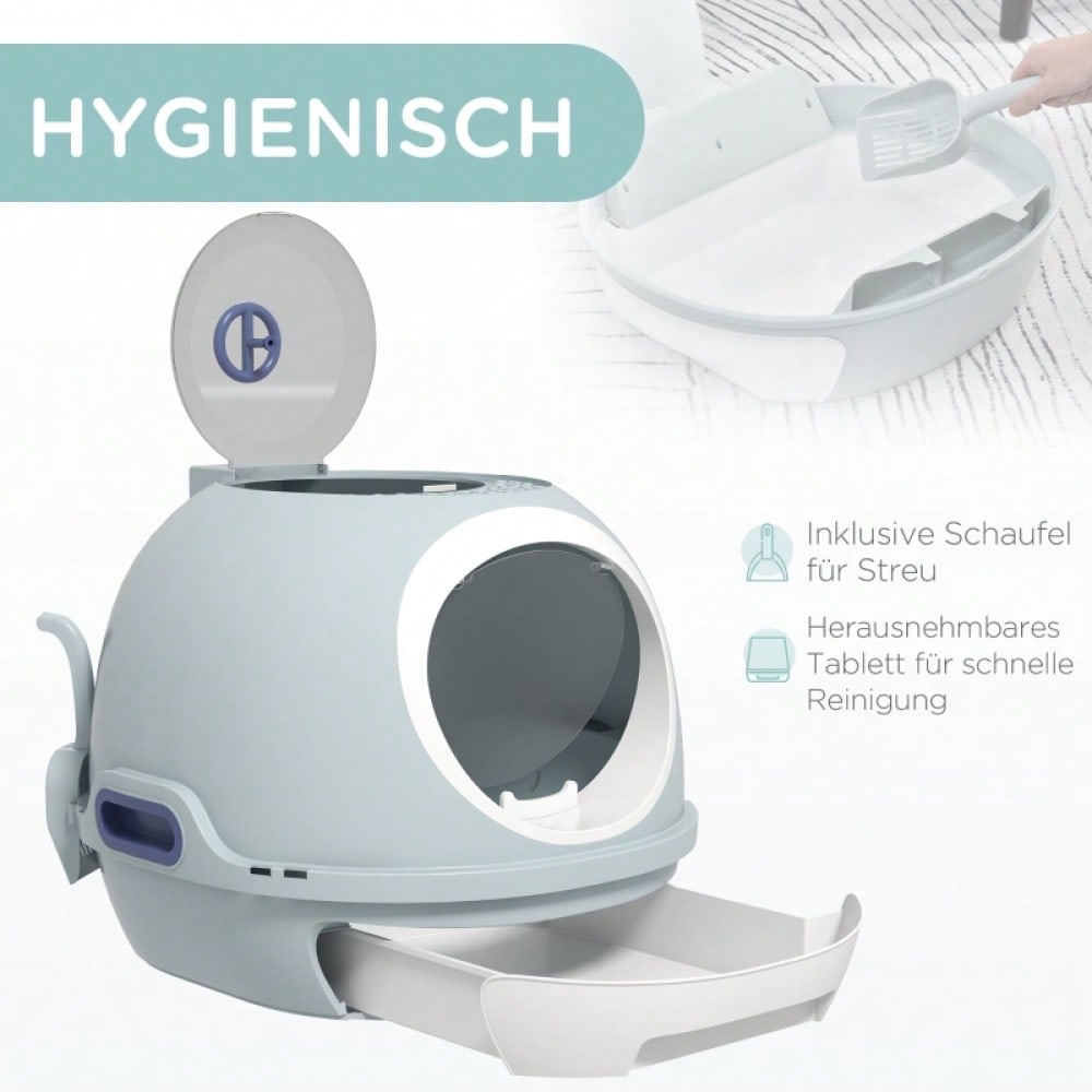 PawHut Katzentoilette mit Dach & Fenster, Hochwand Katzenklo mit Bodenschale und Schaufel, Geruchsarm & leicht zu reinigen, Für innen, Aus PP+ABS, 44 cm hoch, See-Blau