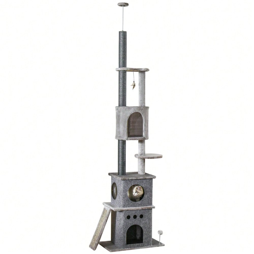 PawHut Kratzbaum Deckenhoch XXL, höhenverstellbar 225-255 cm, mit Spielzeug & Sisalstämmen, Kratztonne für kleine Katzen, Katzenmöbel für die Wohnung, hellgrau
