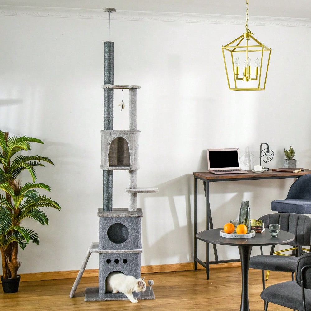PawHut Kratzbaum Deckenhoch XXL, höhenverstellbar 225-255 cm, mit Spielzeug & Sisalstämmen, Kratztonne für kleine Katzen, Katzenmöbel für die Wohnung, hellgrau