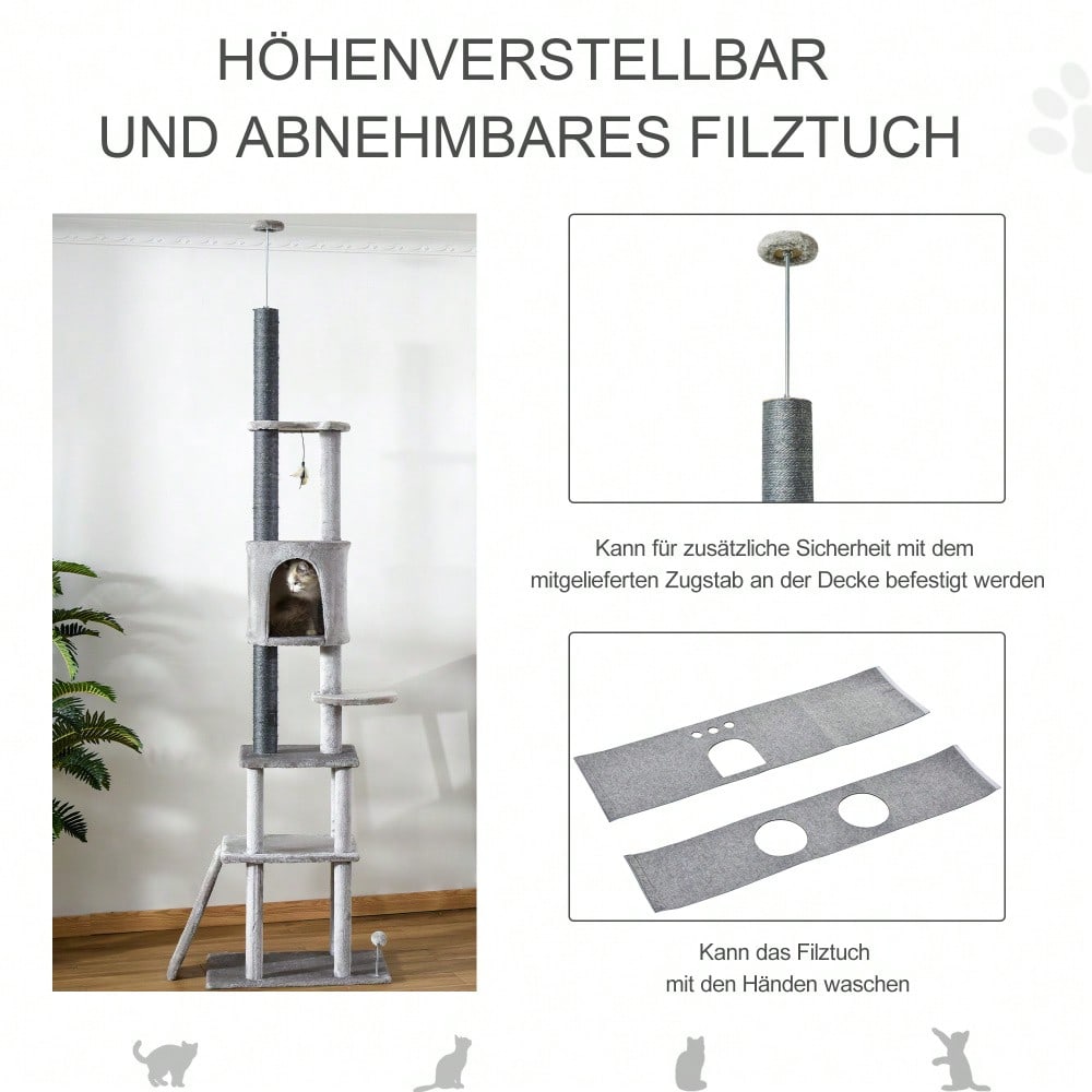 PawHut Kratzbaum Deckenhoch XXL, höhenverstellbar 225-255 cm, mit Spielzeug & Sisalstämmen, Kratztonne für kleine Katzen, Katzenmöbel für die Wohnung, hellgrau