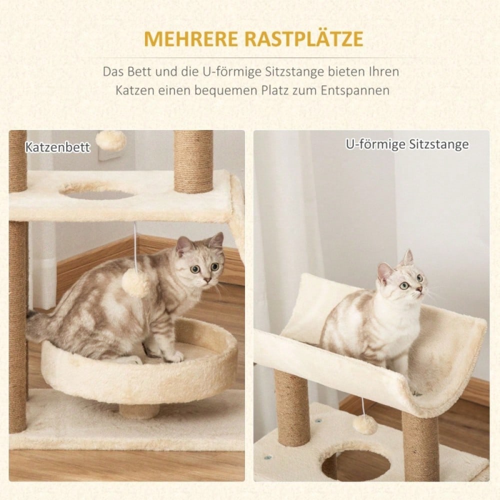 PawHut Kratzbaum Katzenbaum, inkl. Spielzeug und Katzenbett, 60 cm x 30 cm x 76 cm, Natur