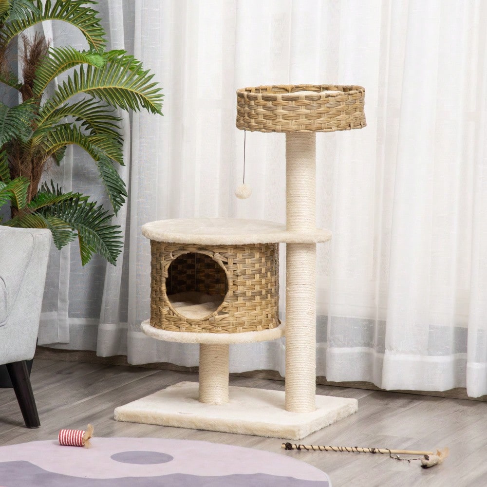 PawHut Kratzbaum aus Rattan mit Katzenhöhle und Ballspielzeug, Katzenturm mit Schlaffläche, Für kleine Katzen, Katzenmöbel für die Wohnung, 60 cm Höhe, Natur/Beige