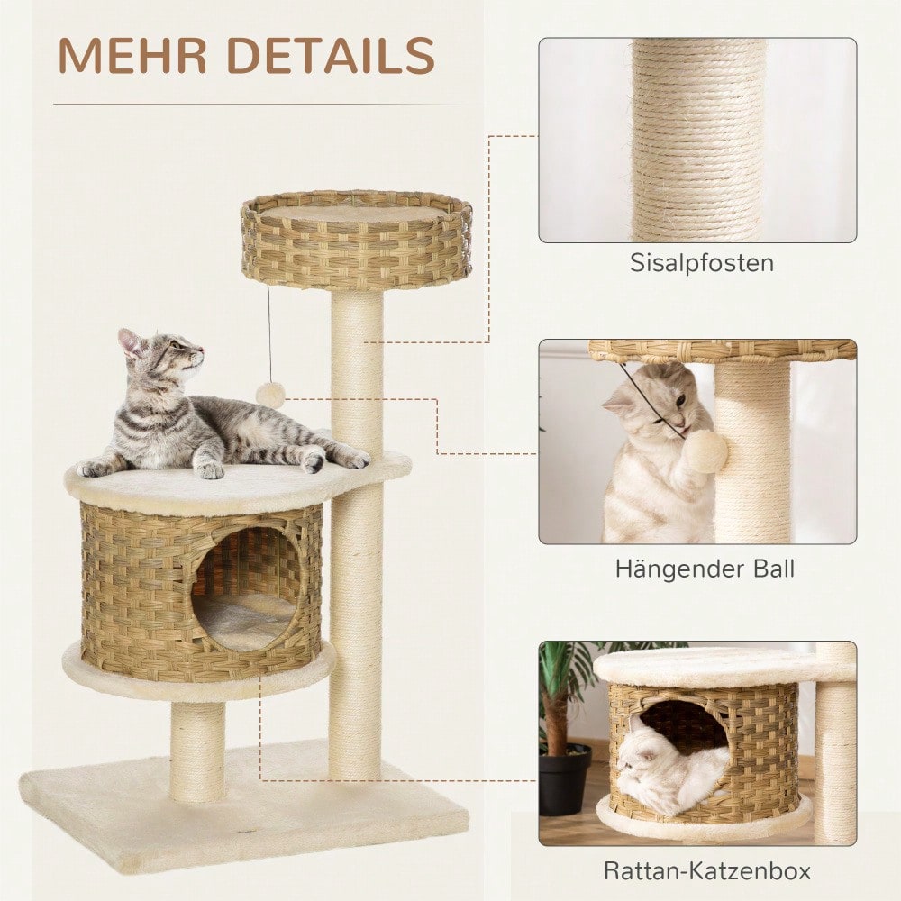 PawHut Kratzbaum aus Rattan mit Katzenhöhle und Ballspielzeug, Katzenturm mit Schlaffläche, Für kleine Katzen, Katzenmöbel für die Wohnung, 60 cm Höhe, Natur/Beige