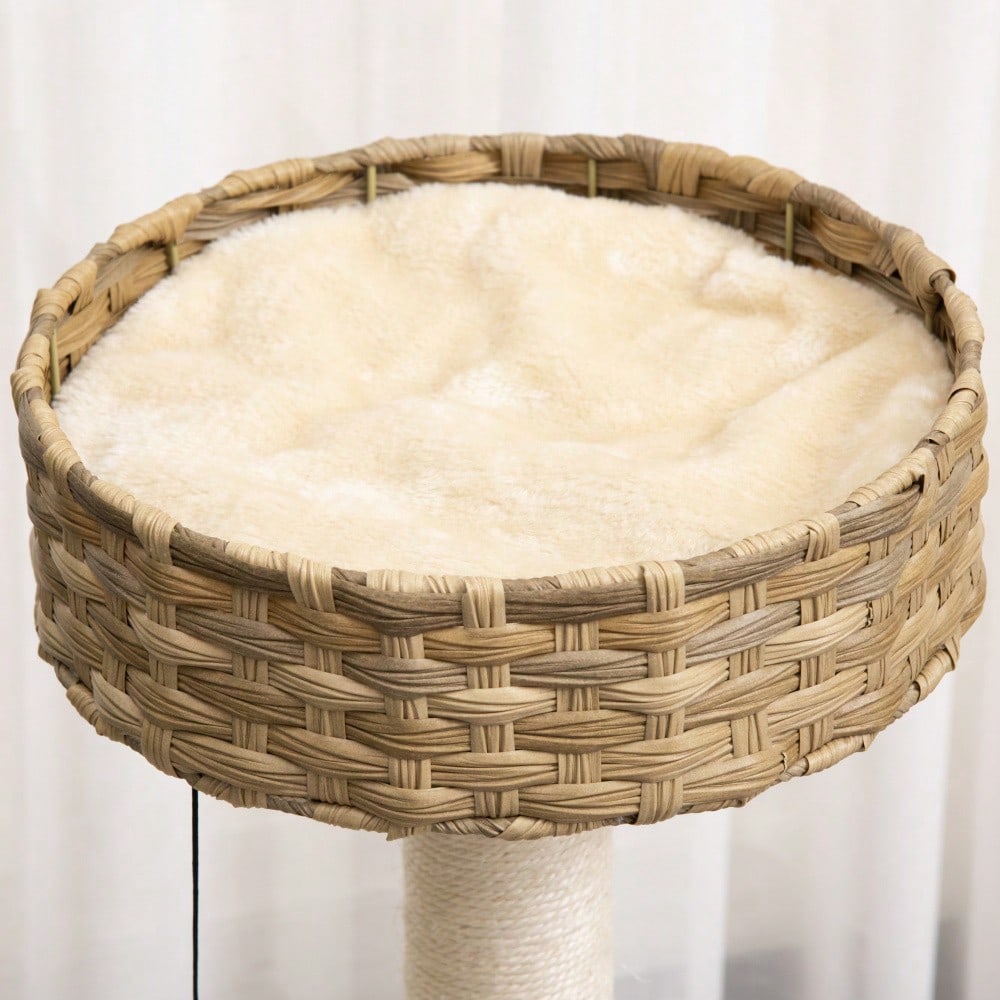 PawHut Kratzbaum aus Rattan mit Katzenhöhle und Ballspielzeug, Katzenturm mit Schlaffläche, Für kleine Katzen, Katzenmöbel für die Wohnung, 60 cm Höhe, Natur/Beige