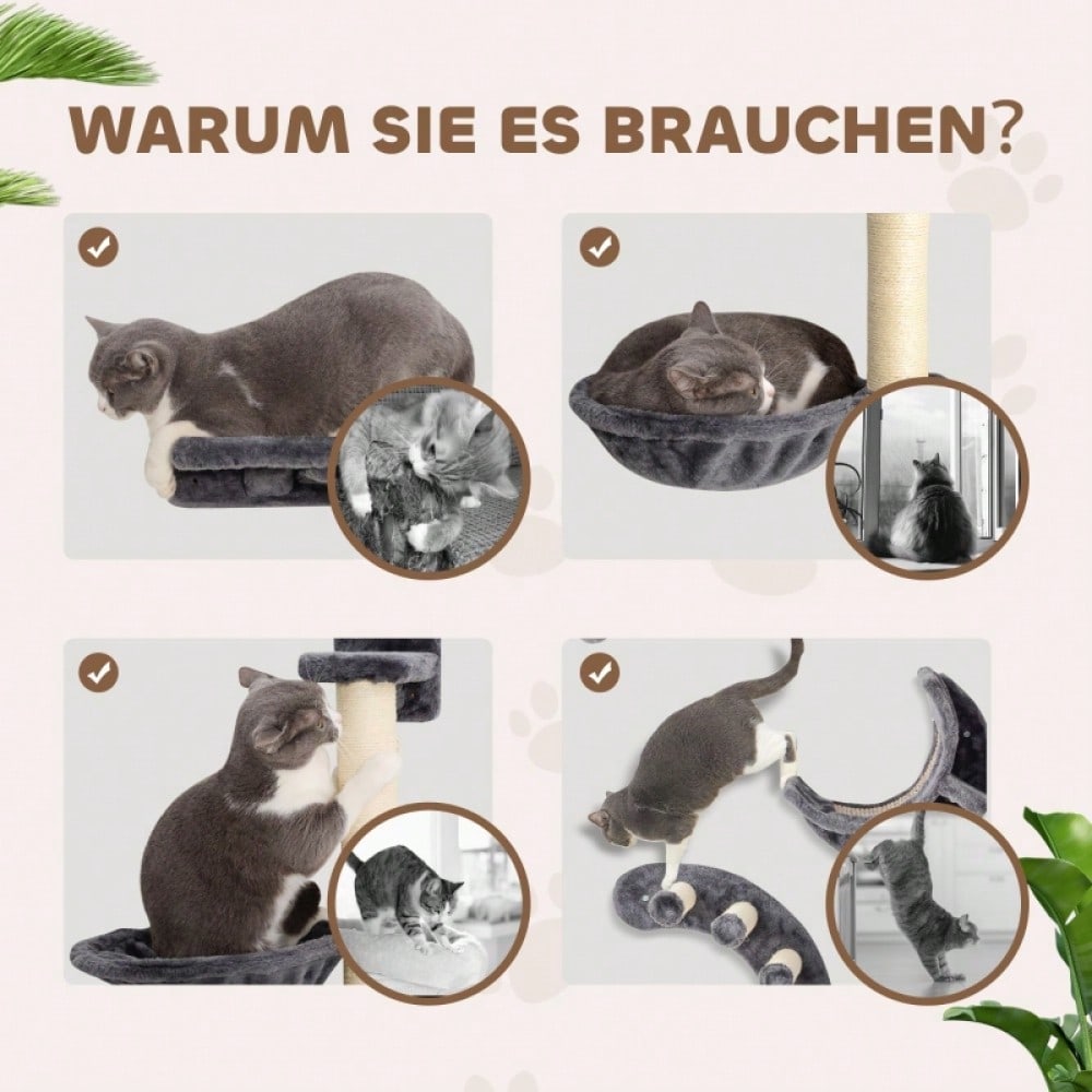 PawHut Kletterwand für Katzen 4-teilig, Wandmontage-Set mit Hängematte & Katzenbrücke, Katzenspielzeug bis 5 kg Belastung, Für kleine Katzen, Dunkelgrau