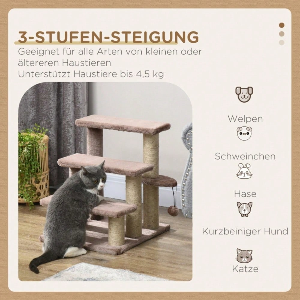 PawHut 3-stufige Haustiertreppe mit Kratzfunktion, Katzentreppe mit Spielball & Sisalfläche, bis 5 kg Belastung, Für Sofa und Bett, 48 cm hoch, Braun