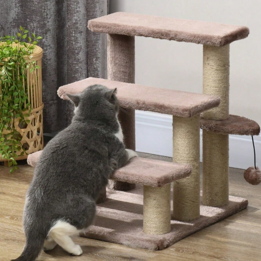 PawHut 3-stufige Haustiertreppe mit Kratzfunktion, Katzentreppe mit Spielball & Sisalfläche, bis 5 kg Belastung, Für Sofa und Bett, 48 cm hoch, Braun