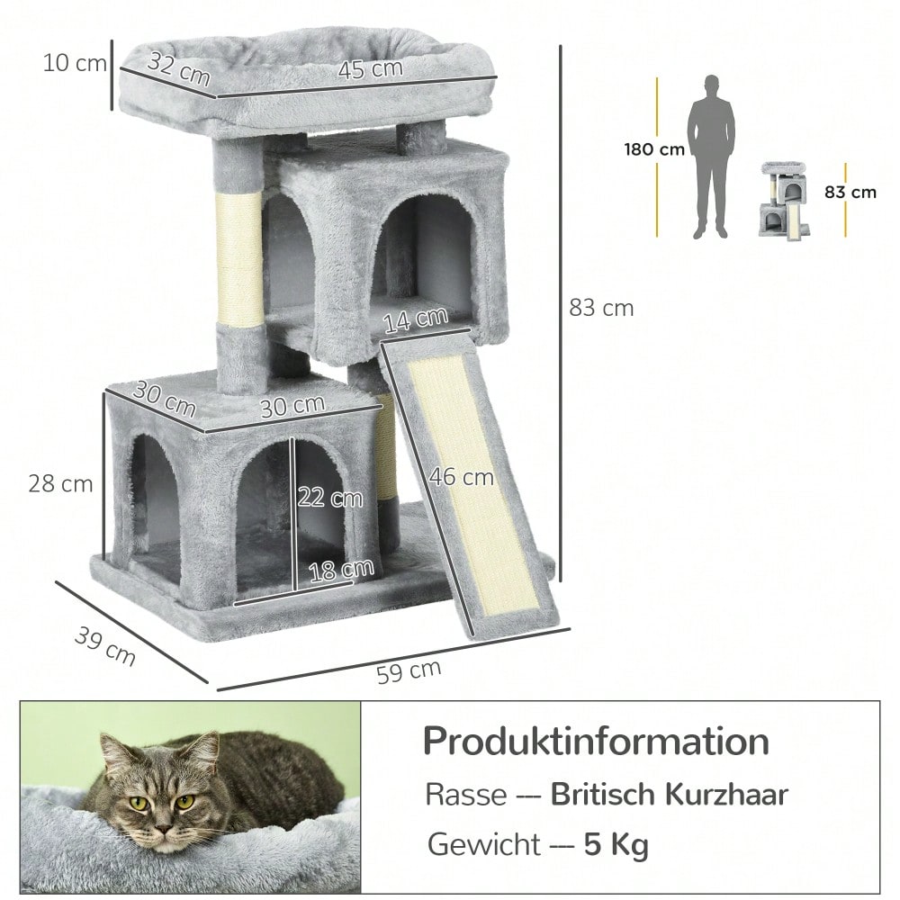 PawHut Katzenbaum mit Sisalsäulen & Kratzbrett, Kratzmöbel für große Katzen bis 30 kg, Stabiler Kletterbaum mit Liegefläche, Für die Wohnung, 83 cm hoch, Hellgrau