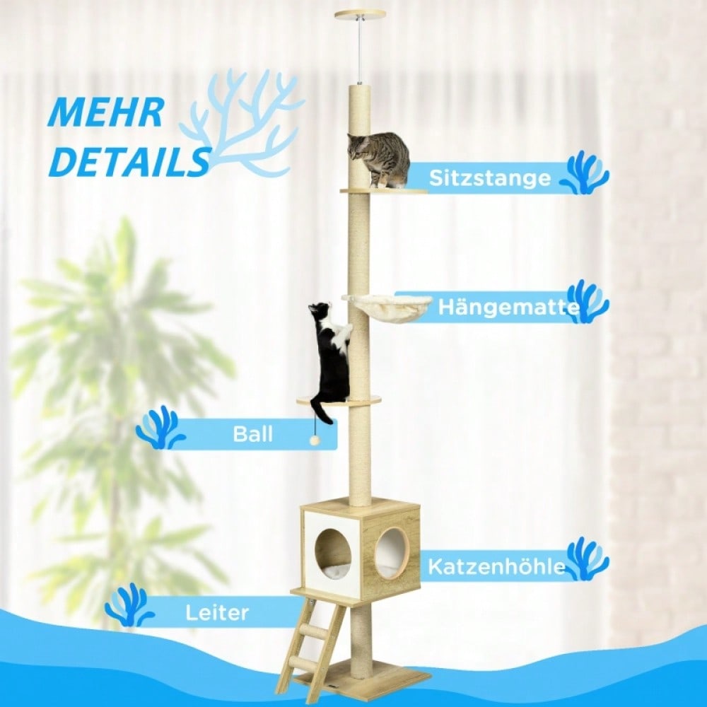 PawHut Kratzbaum deckenhoch 260 cm mit Katzenhaus, 2 Plattformen & Hängematte, Höhenverstellbar mit Kippschutz, Für große Katzen, Für die Wohnung, Hellbraun/Beige