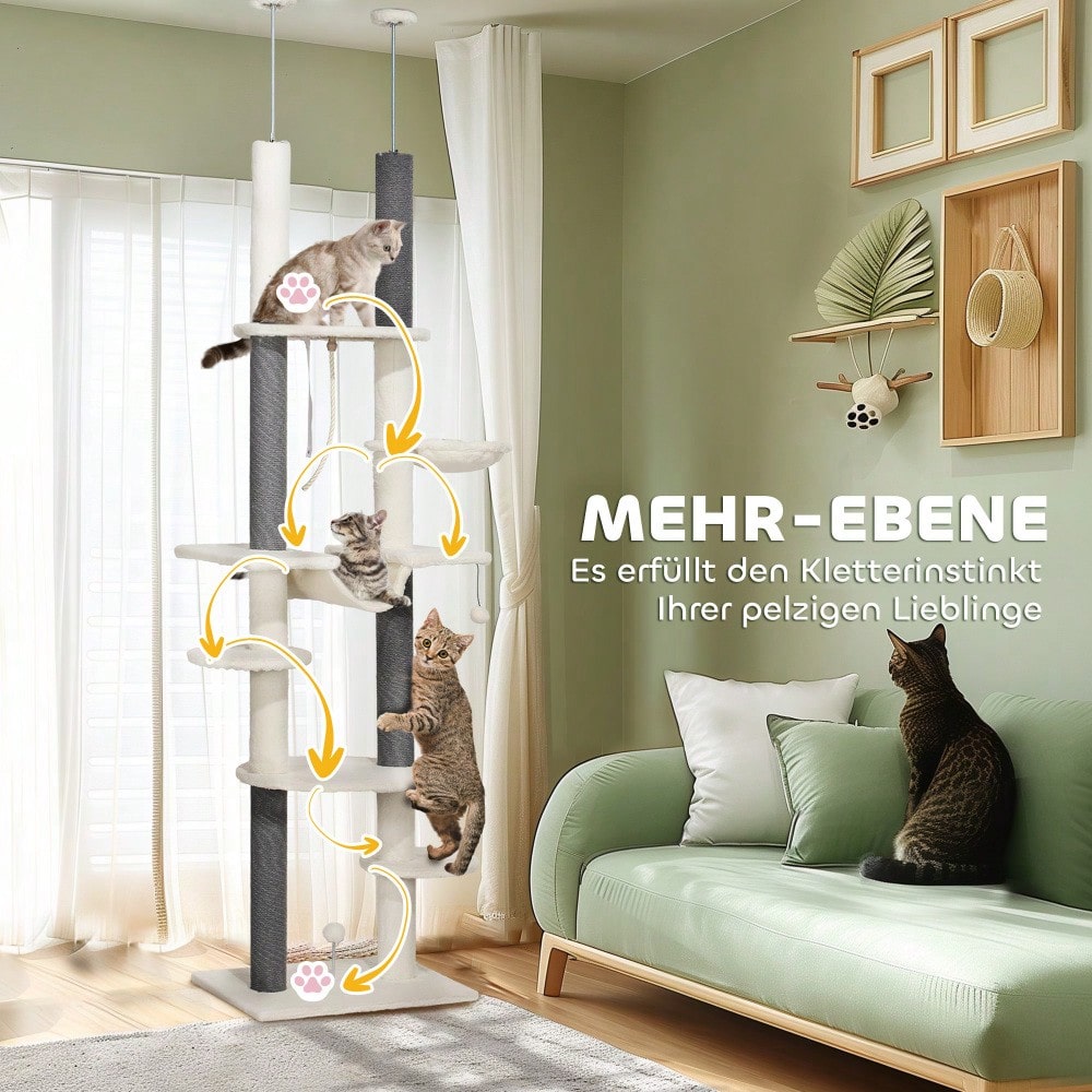 PawHut Kratzbaum Deckenhoch 225-255 cm Höhe, Höhenverstellbarer Katzenbaum mit 2 Hängematten, Kratzstämmen & Spielball, Mit Kippschutz für große Katzen, Weiß