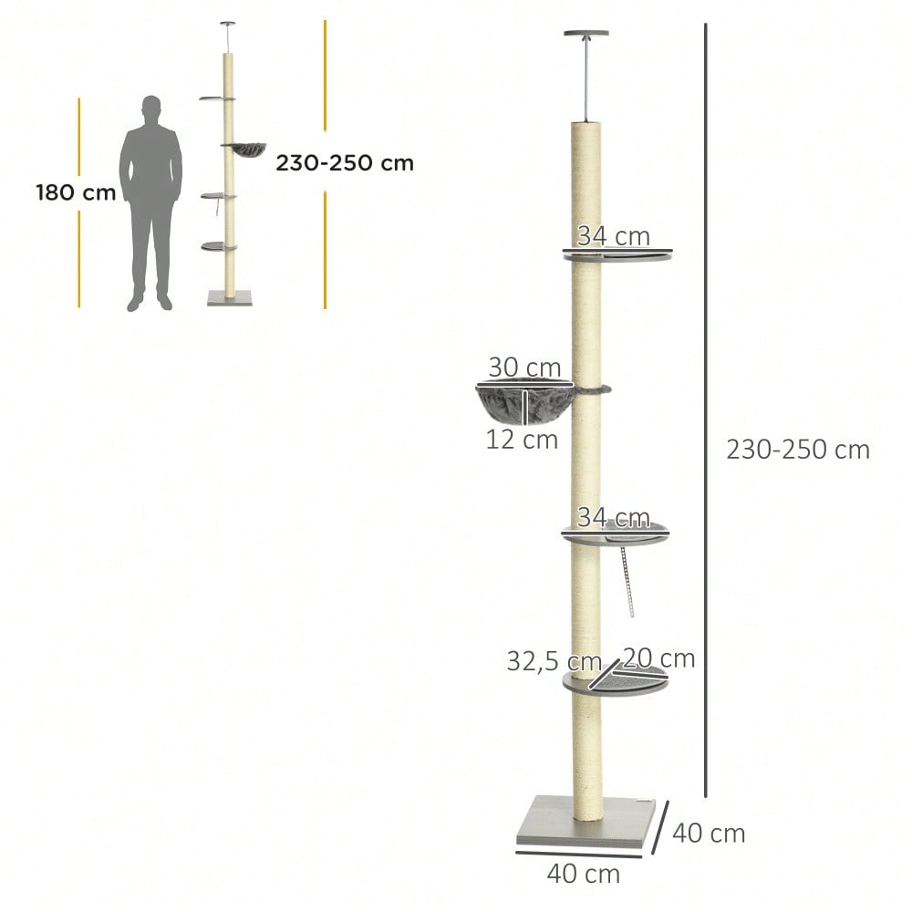 PawHut Kratzbaum Deckenhoch höhenverstellbar 240-260 cm, Mit Sisalstämmen, 2 Hängematten & Liegeflächen, Kratzmöbel mit Kippschutz, Für große Katzen, Grau/Creme