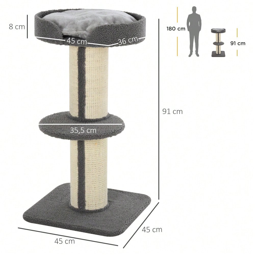 PawHut Kratzbaum für Katzen mit Kratzsäule & Plattform, aus Sisal, bis 30 kg belastbar, grau, für Spiel und Entspannung
