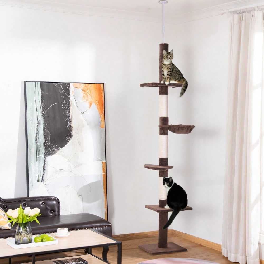 PawHut Deckenhoch Kratzbaum für Katzen, höhenverstellbar (230-260 cm), stabiler Kletterbaum mit Sisalsäulen, braun, 40 x 34 cm