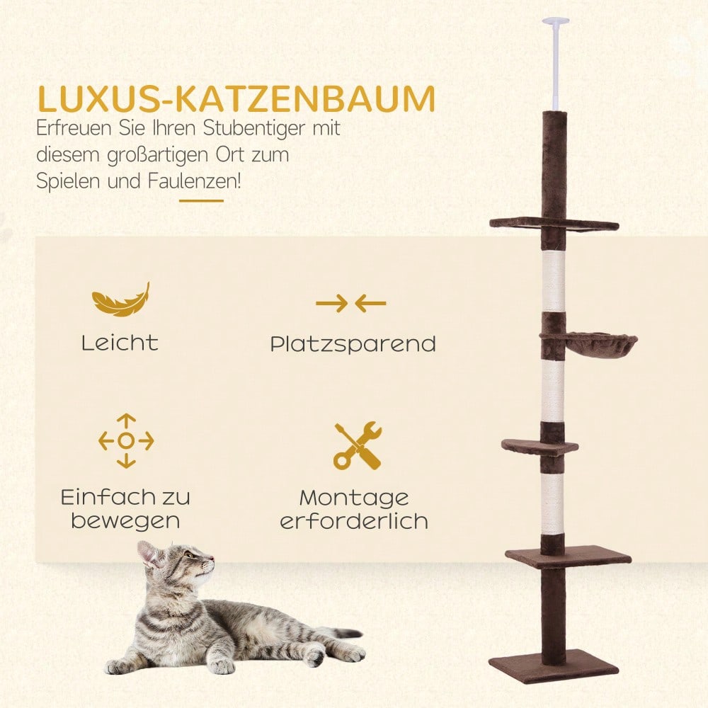 PawHut Deckenhoch Kratzbaum für Katzen, höhenverstellbar (230-260 cm), stabiler Kletterbaum mit Sisalsäulen, braun, 40 x 34 cm