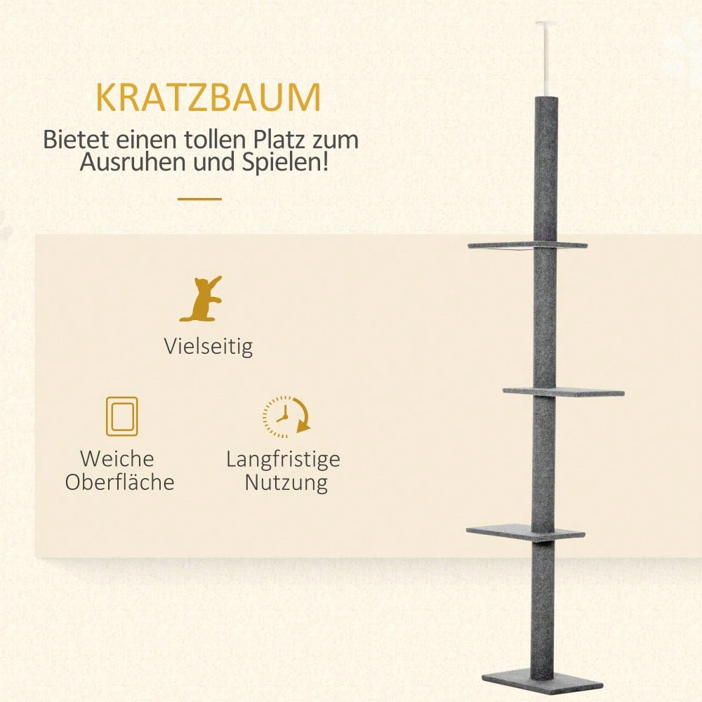 PawHut Deckenhoch Kratzbaum für Katzen, höhenverstellbar (228-260 cm), Kletterbaum aus Sisal, grau, für Spiel und Entspannung