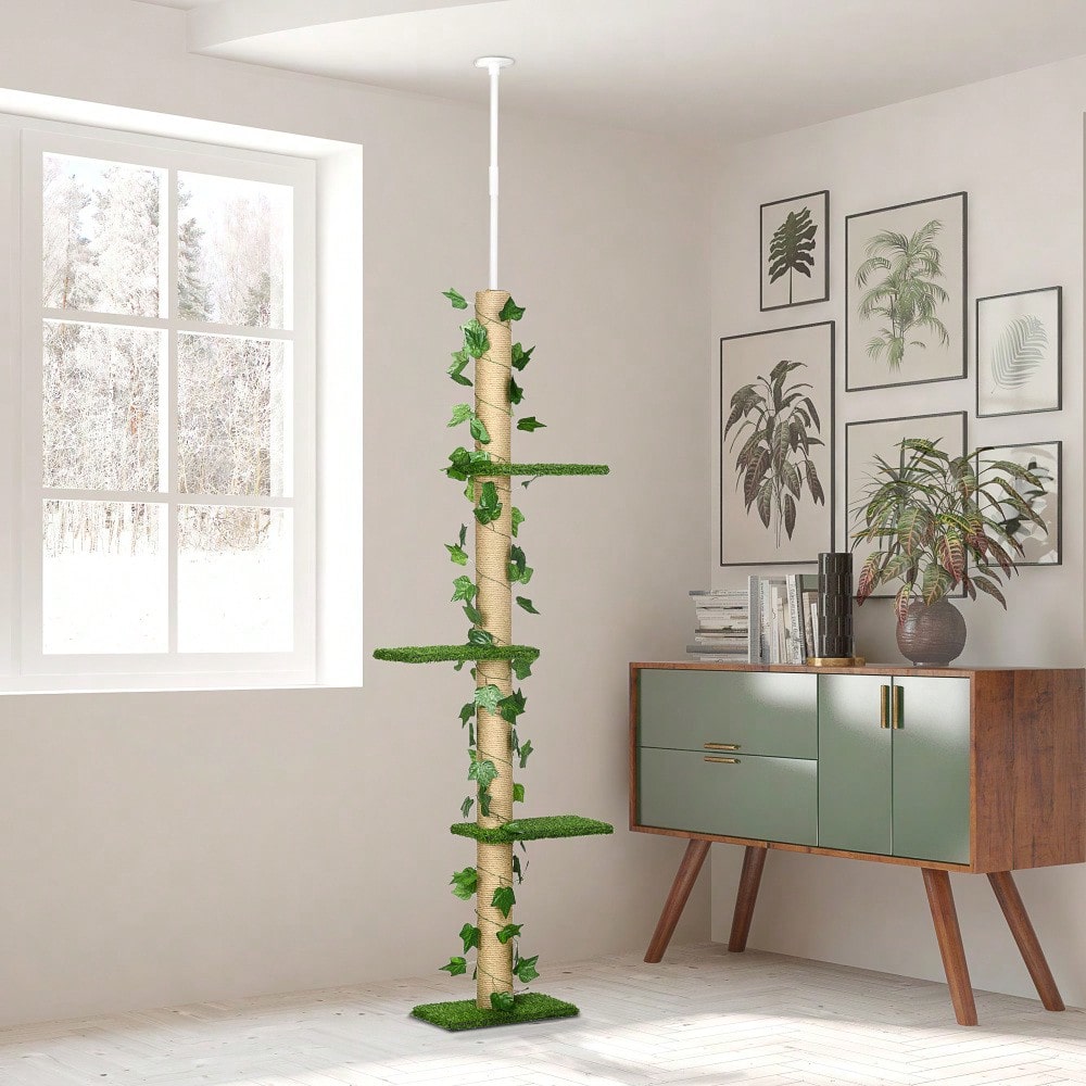 PawHut Kratzbaum für Katzen deckenhoch, höhenverstellbar (202-242 cm) mit Kippschutz, Spielbaum aus Jute, Farbkombination Grün/Gelb