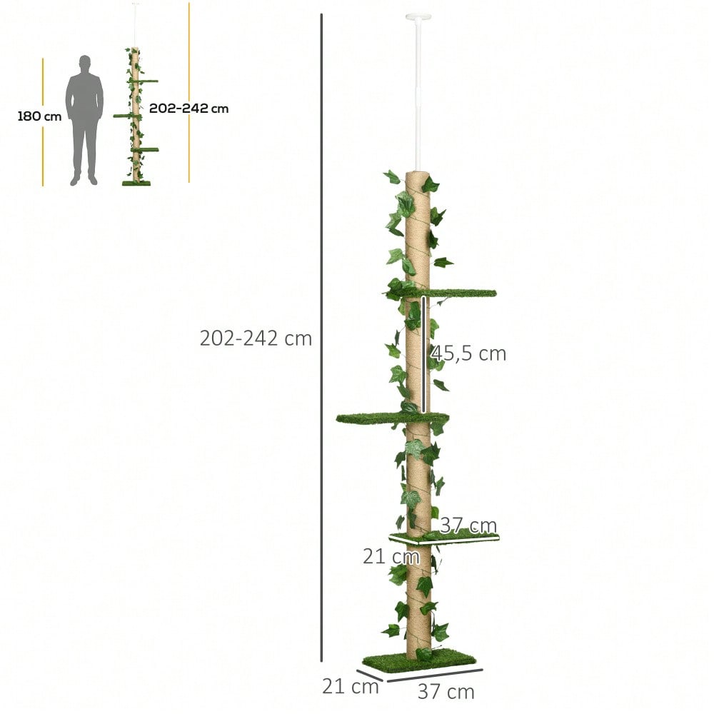 PawHut Kratzbaum für Katzen deckenhoch, höhenverstellbar (202-242 cm) mit Kippschutz, Spielbaum aus Jute, Farbkombination Grün/Gelb