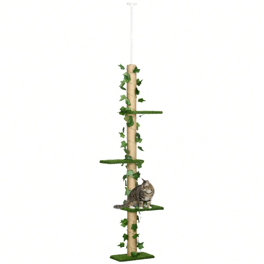 PawHut Kratzbaum für Katzen deckenhoch, höhenverstellbar (202-242 cm) mit Kippschutz, Spielbaum aus Jute, Farbkombination Grün/Gelb