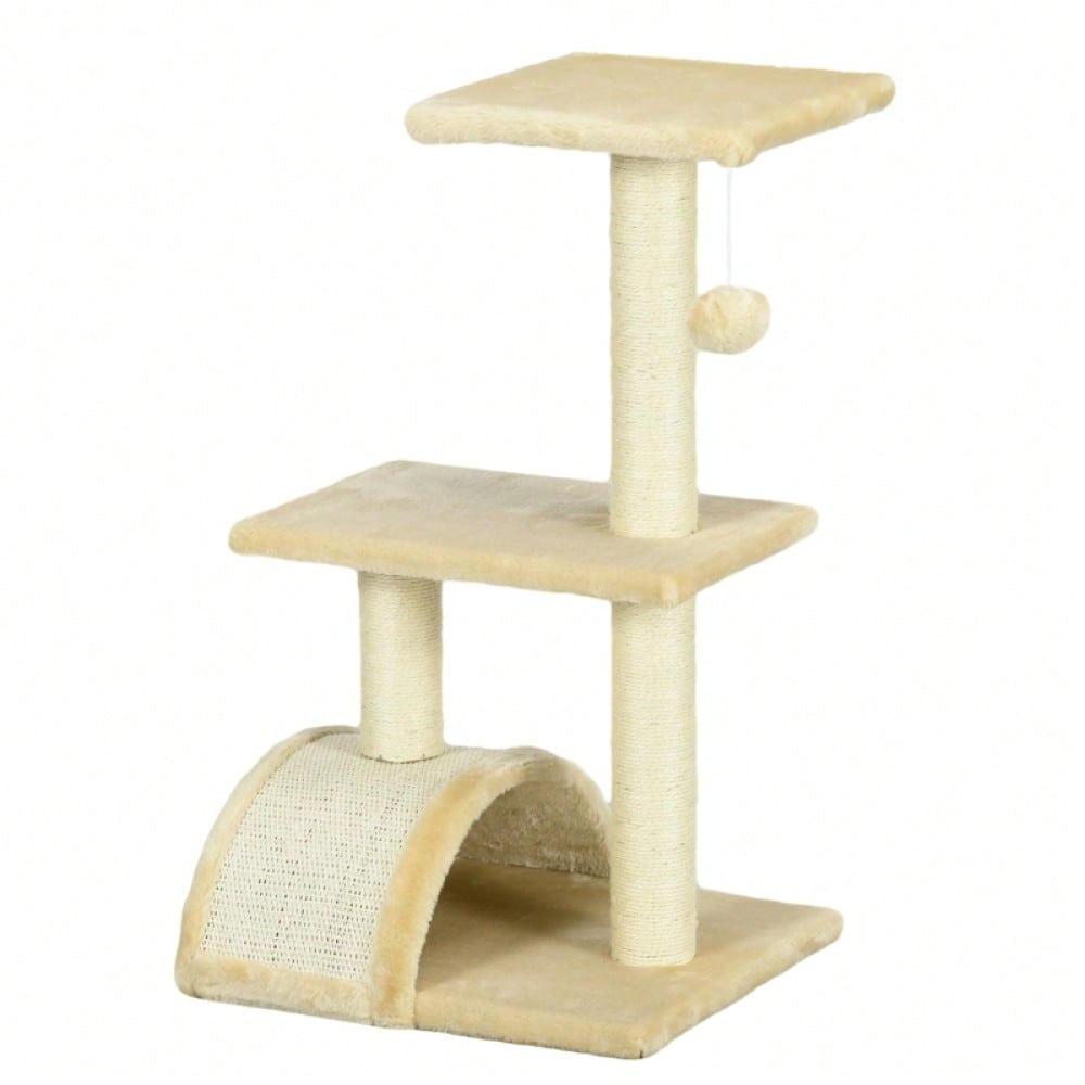 PawHut Kratzbaum für Katzen, mehrstöckiger Katzenturm 72 cm mit Sisalstämmen, Plattform, Kratzbrett & Plüschball, für mittelgroße Katzen, cremeweiß
