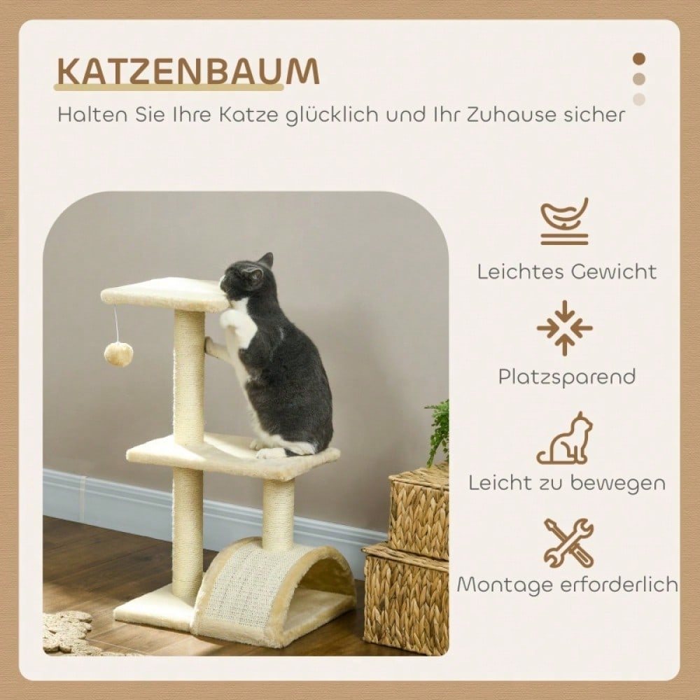 PawHut Kratzbaum für Katzen, mehrstöckiger Katzenturm 72 cm mit Sisalstämmen, Plattform, Kratzbrett & Plüschball, für mittelgroße Katzen, cremeweiß
