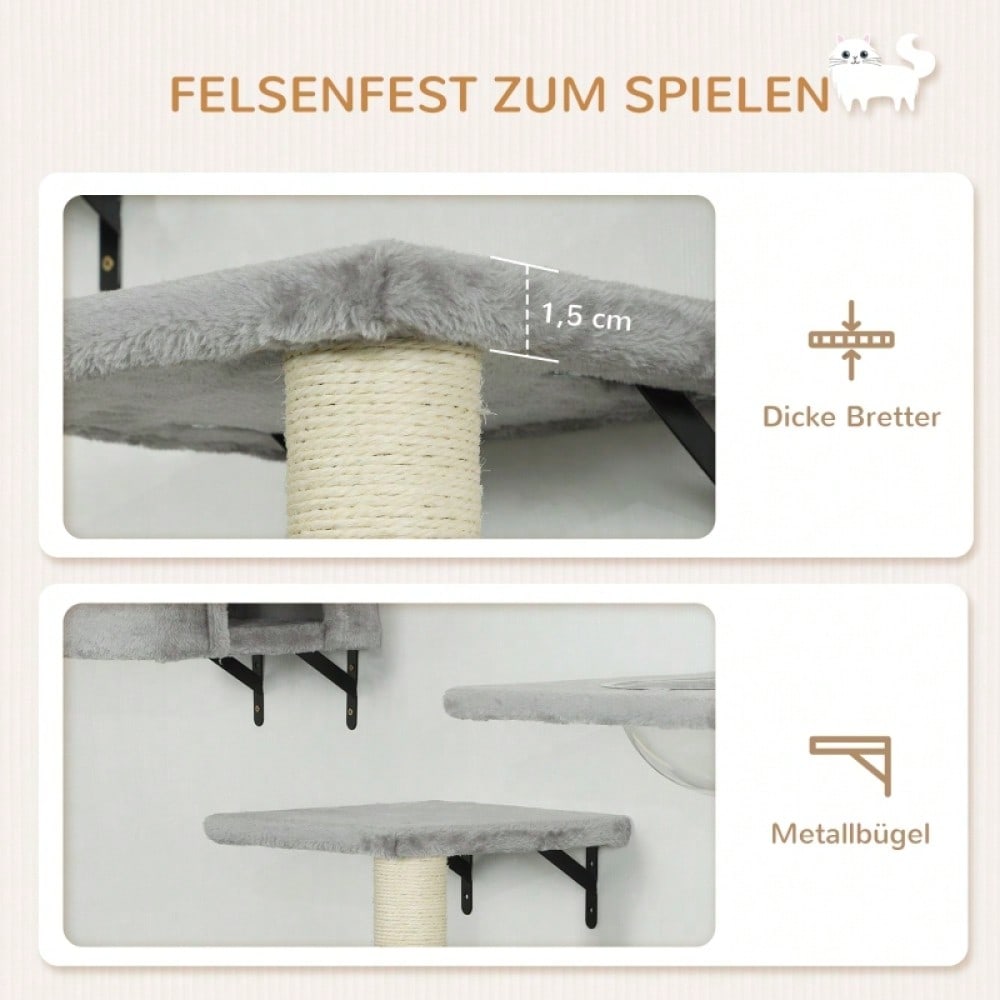 PawHut Kletterwand für Katzen 7-teilig Set mit Katzenhaus, Plattform, Kratzbaum mit Hängeball & Wandkratzbaum, Katzenspielzeug bis 5 kg, grau