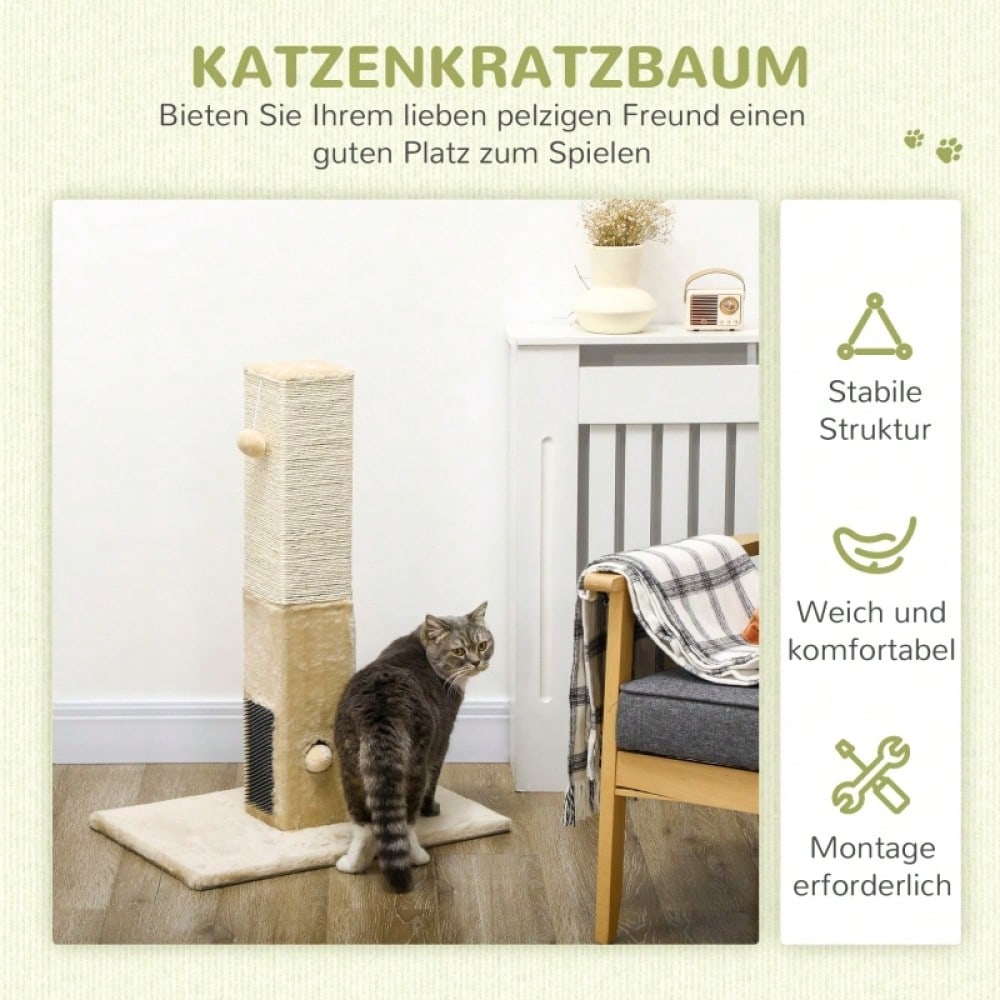 PawHut Kratzsäule für Katzen, 79 cm Kratzbaum mit Juteseil, inklusive Spielzeug, beige