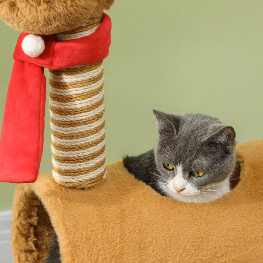 PawHut Kratzbaum für Katzen 98 cm im Hirschdesign, Katzenturm mit Höhle, Spielball & Jutestämmen, braun