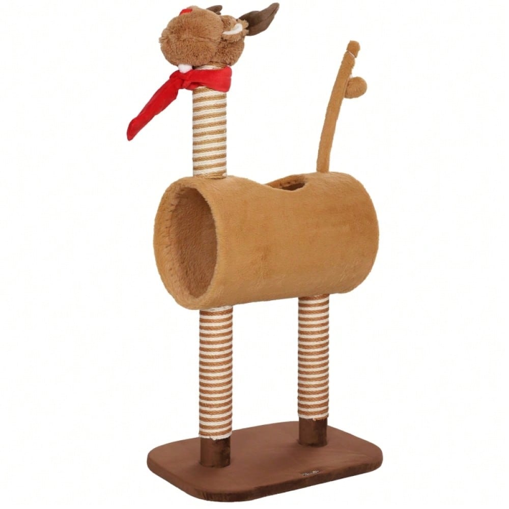 PawHut Kratzbaum für Katzen 98 cm im Hirschdesign, Katzenturm mit Höhle, Spielball & Jutestämmen, braun