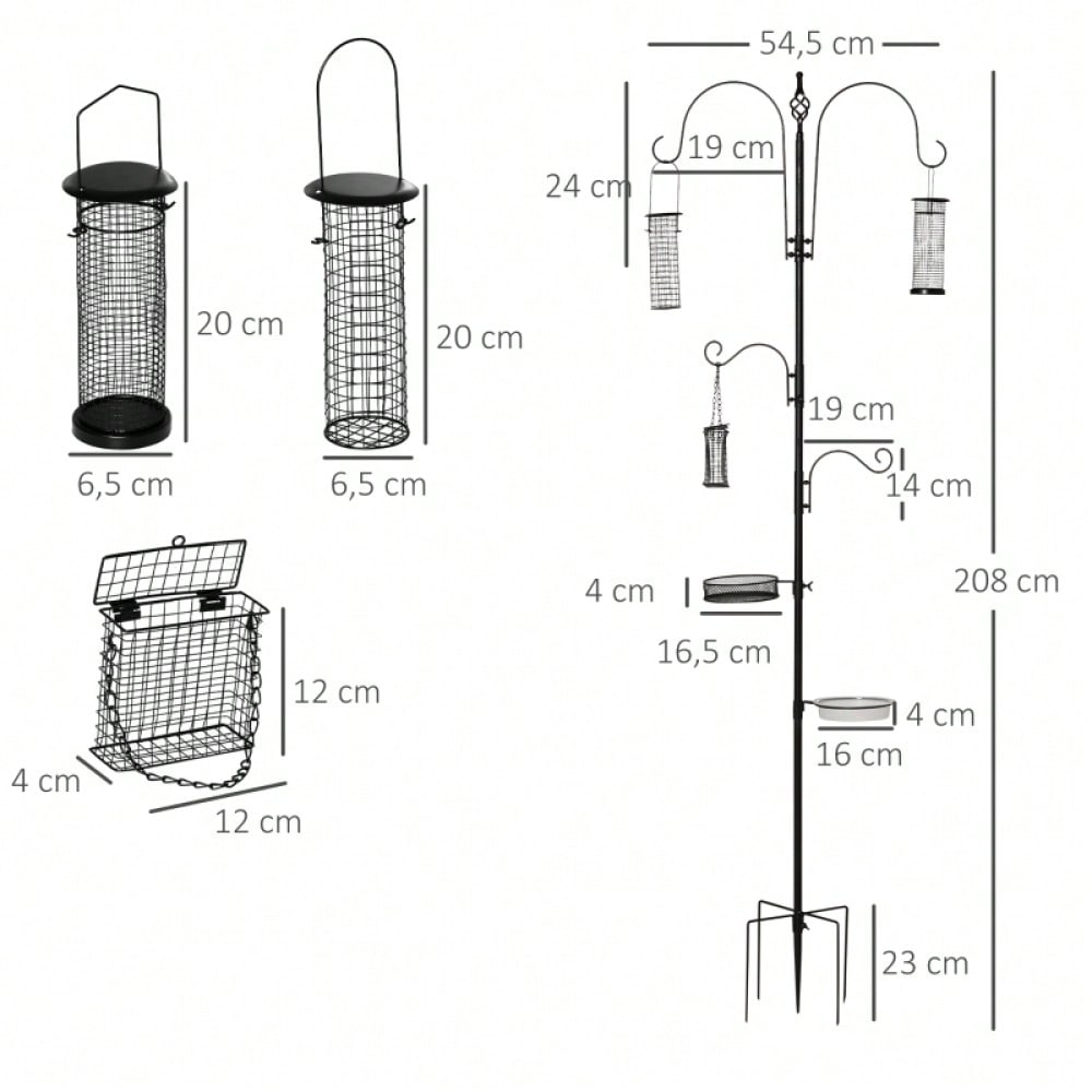 PawHut Vogelfutterstation aus Stahl 208 cm, inkl. 4 Haken, Vogeltränke, Futterteller & Futterspender, schwarz