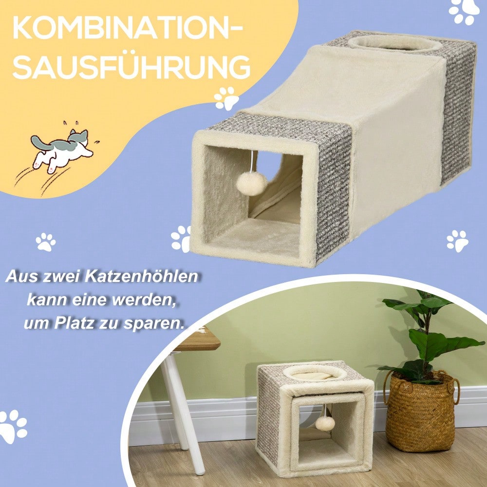 PawHut Katzentunnel mit Spielball, aus Sisal, Katzenspielzeug für Katzen, braun/beige, 98x30x30 cm