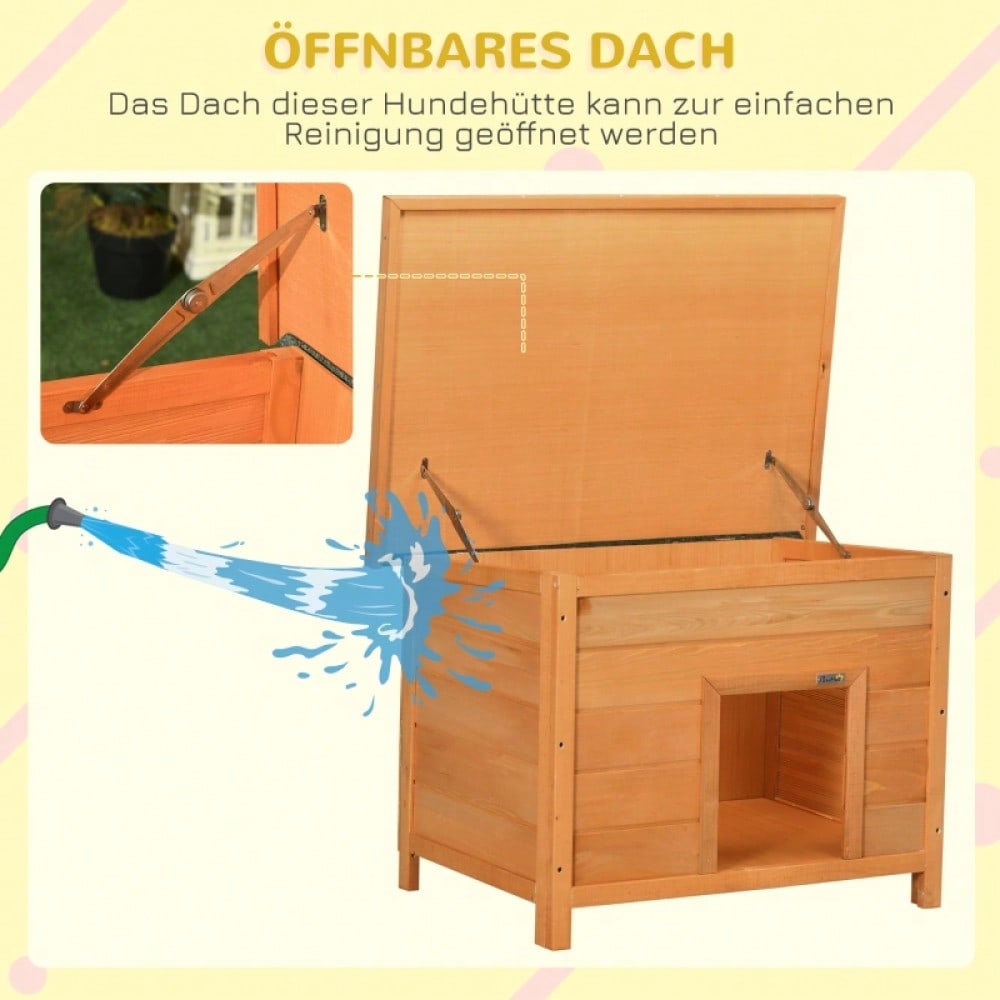 PawHut Hundehütte Outdoor aus Holz, mit aufklappbarem Asphaltdach & wasserdicht, erhöhter Boden, für kleine Hunde, gelb, 82x58x58 cm
