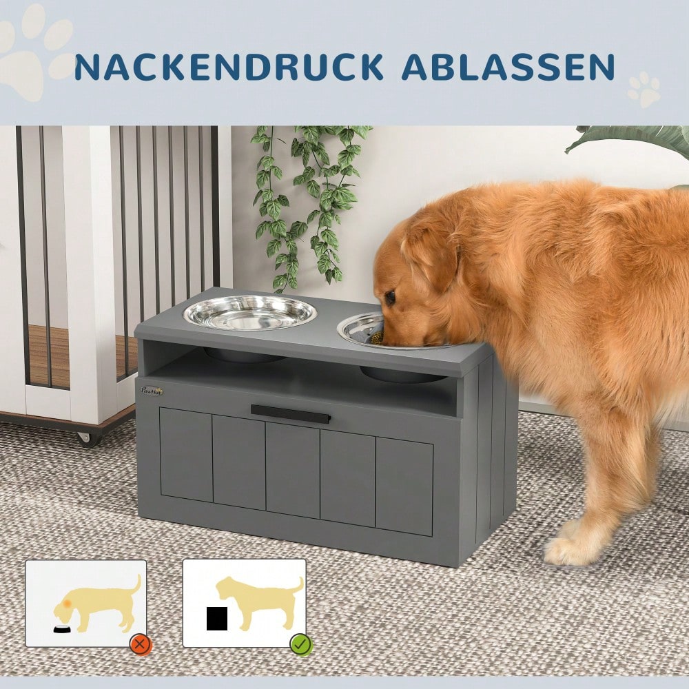 PawHut Hundefutterstation erhöht mit 2 Edelstahlschüsseln & Anti-Schling-Matte, Napfständer mit 25L Stauraum für große Hunde, grau