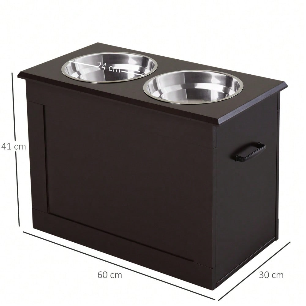 PawHut Hunde Fressnapf mit Staumraum 2 Näpfen Futterstation Edelstahlnapf Katzenapf MDF Edelstahl Espresso 60 x 30 x 41 cm