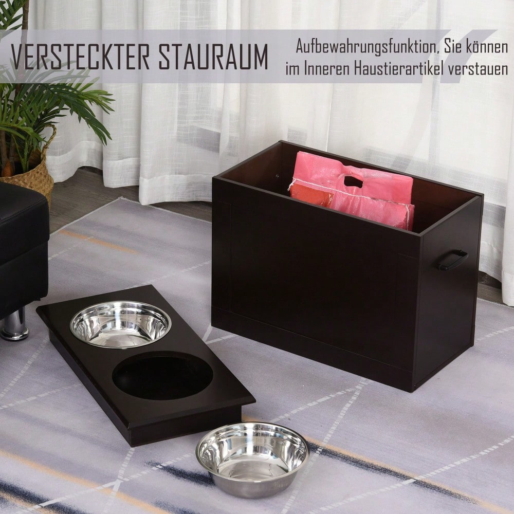 PawHut Hunde Fressnapf mit Staumraum 2 Näpfen Futterstation Edelstahlnapf Katzenapf MDF Edelstahl Espresso 60 x 30 x 41 cm