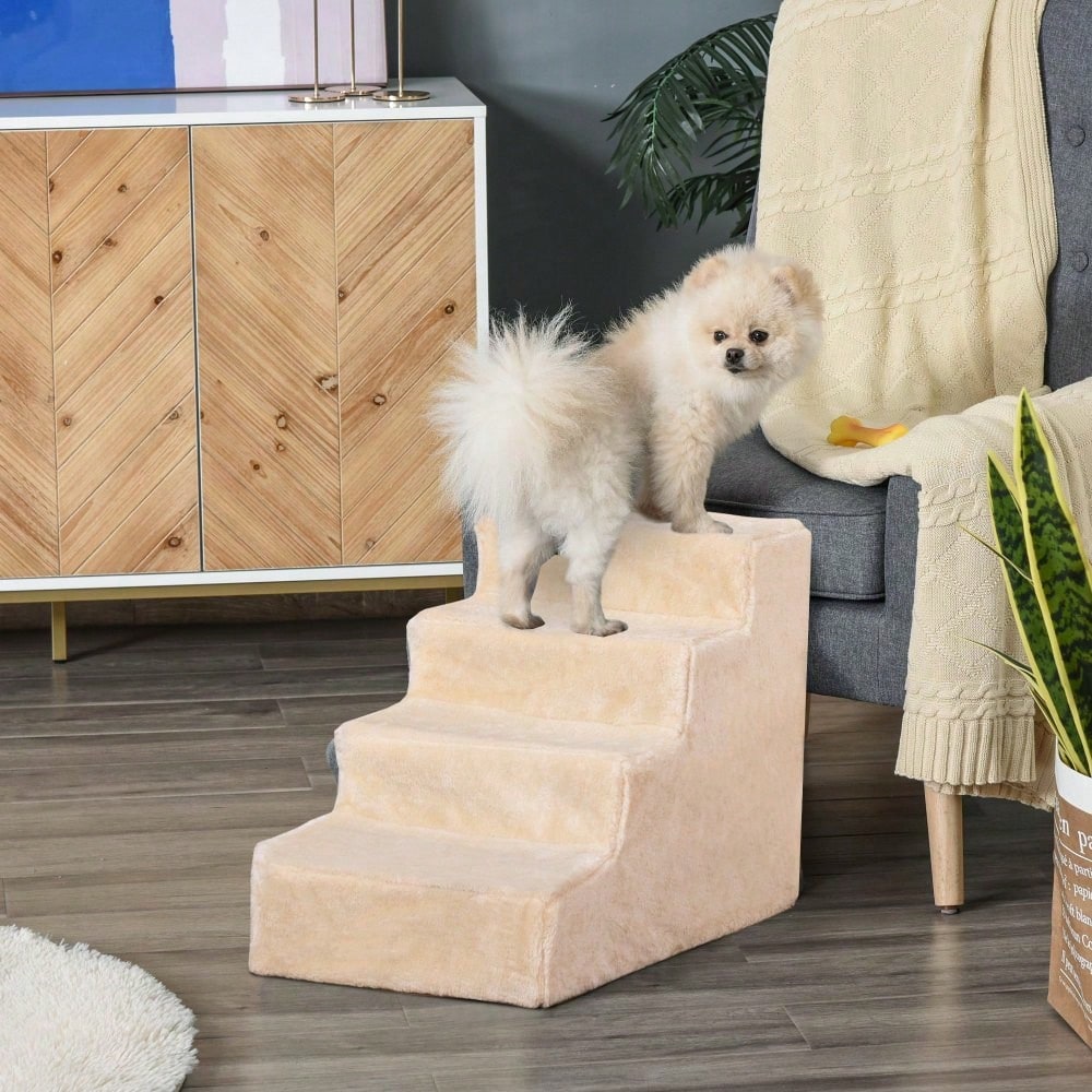 PawHut 4-stufige Haustiertreppe mit abnehmbarem Plüschbezug, Hunderampe & Katzentreppe aus Spanplatte, beige, 60x35x44 cm