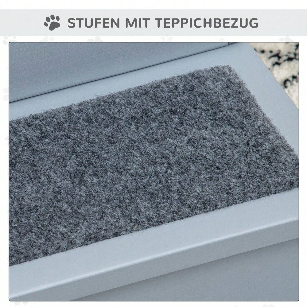 PawHut 3-stufige Haustiertreppe mit Teppich & Stauraum, für kleine Hunde & Katzen, grau, 40,5x44,5x38 cm