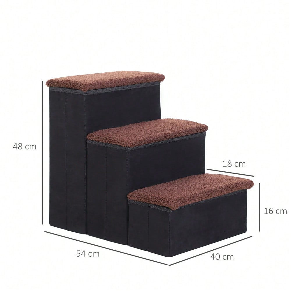 PawHut faltbare Haustiertreppe mit 3 Stufen & Stauraum, für Katzen & Hunde, aus MDF, schwarz, 40x54x48 cm