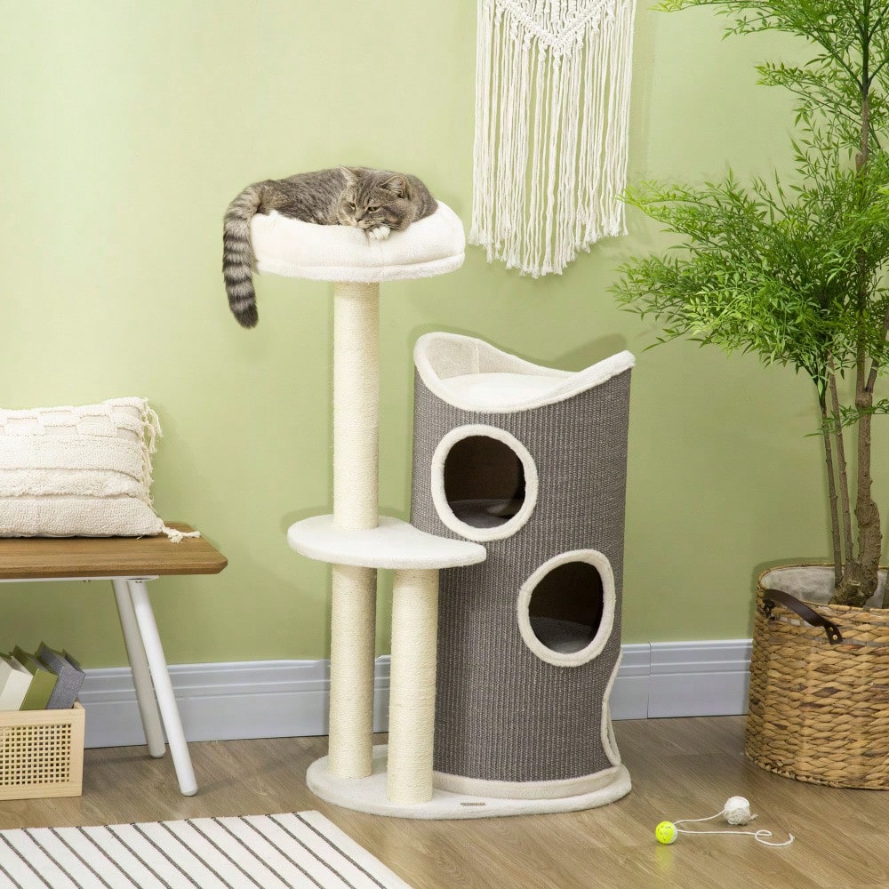 PawHut Kratzbaum 109 cm mit Kratztonne & Katzenbett, moderner Katzenbaum mit Sisalsäulen, weiß/grau